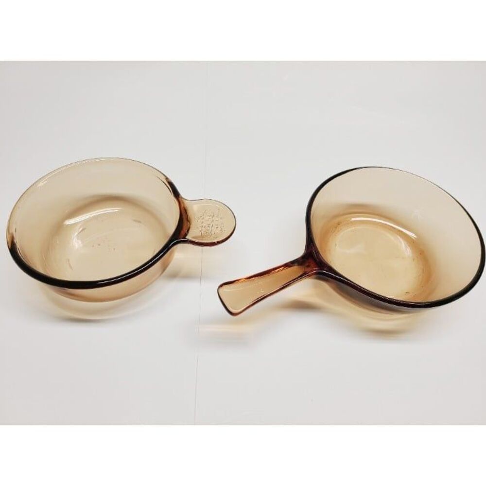 2 PCS Vtg Corning Visions Amber Glass Small Skillet Saucepans V-150-B USA